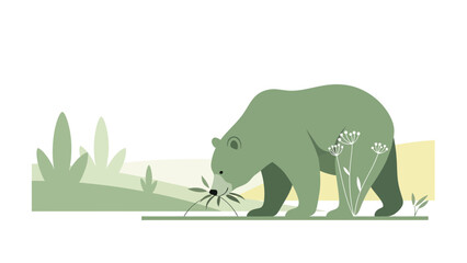 Obraz premium Green Bear Sniffing Flower In Field Vector Illustration Minimalist Style