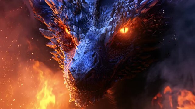 A large blue dragon with orange eyes and flames in the background looks directly at the viewer menacingly