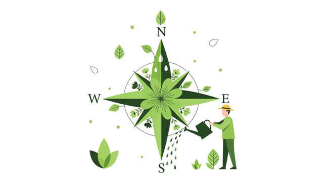 Green Compass Rose, Directional Gardening And Sustainable Navigation, Nature Inspired Design