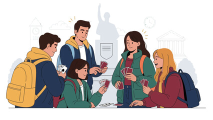 Group Of Students Playing Cards Near University Building Having Great Time Together