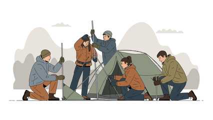 Group Of Young Adults Assembling Tent Together In Mountainous Landscape
