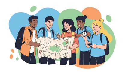 Group Of Young Adult Backpackers Navigate With Old Map And Digital Devices