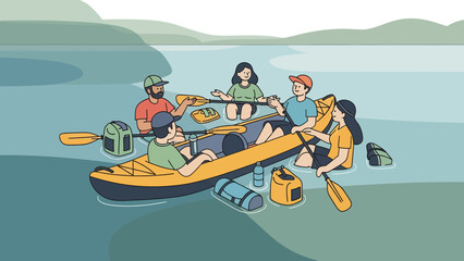 Group Paddling Together Enjoying Kayaking Adventure In Summer Vacation