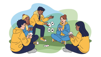 Group Of Young People Enjoying A Card Game Outdoors Together Recreation Concept