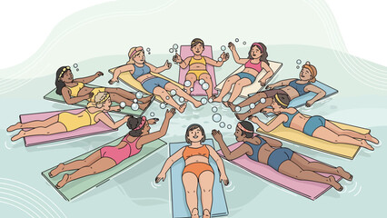 Group Relaxation Floating On Mats In Water Illustration For Wellness And Leisure