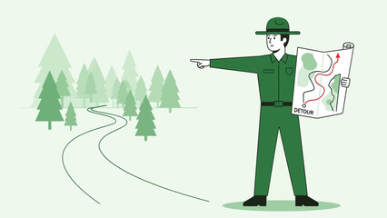 Guiding Visitors Through Forest Detour With Illustrated Park Ranger