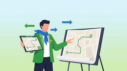 Guiding Your Way Man Explaining Route Using Modern Technology And Traditional Charts