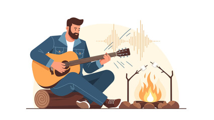 Guitarist Around Campfire Making Music And Roasting Marshmallows In Nature