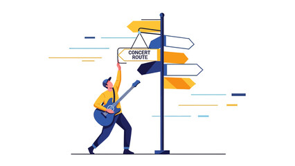 Guitarist Determines Concert Route On Directional Signpost At Crossroads Concept