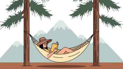 Hammock Reader In Nature Setting With Serene Mountain Backdrop Illustration