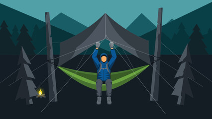 Hammock Camping Adventure At Night With Fire In A Dark Forest Landscape