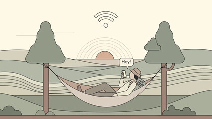 Hammock Relaxation Under Wifi Connection At Nature Getaway With Mobile Phone