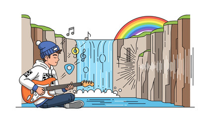 Guitarist Plays Music At Scenic Waterfall Under Colorful Rainbow Illustration