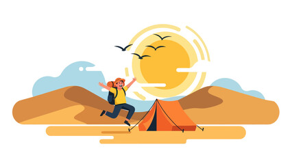 Happy Backpacker Jumps Near Tent In Desert Illustration Sunny Day Concept