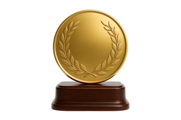 Golden Award Trophy Medal with Laurel Wreath on Wooden Base Isolated on Black Background