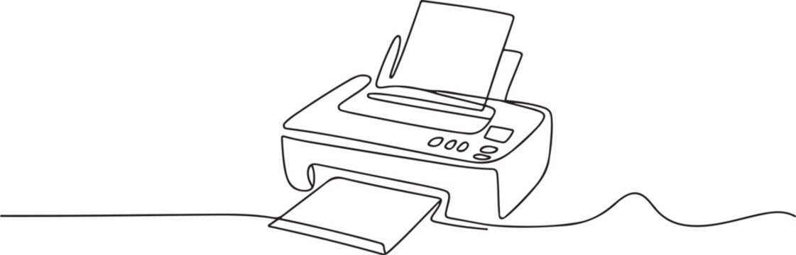 One single line drawing of digital printer for company business printing needs. Electricity small home office tools concept. one line Icon drawing