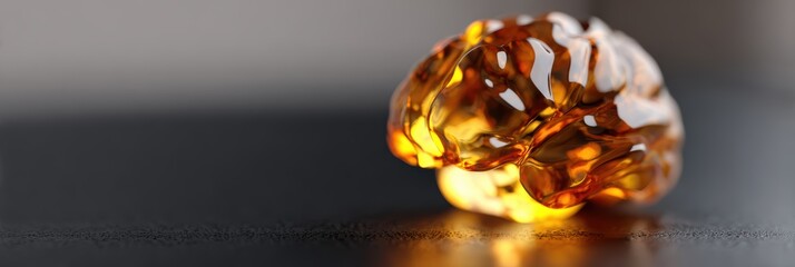 glass brain sculpture, a futuristic, minimalist glass sculpture of a brain, glowing with warm light, sits on a reflective black surface deep focus highlights its polished edges and reflections, with