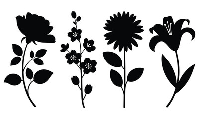 black silhouettes of various flowers and leaves on white background