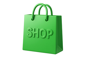 Retail Store Icon, Glossy Green Bag Symbolizing Shopping, Sales, and Consumer Purchases Isolated on white background