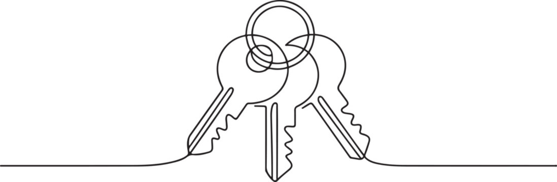 Single continuous line drawing three keys from apartment. House apartment rental for sale. The concept of privacy, security and protection. one line Icon drawing