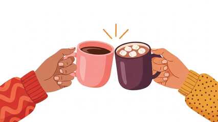 Two hands wearing cozy sweaters toasting with mugs of hot chocolate, one with marshmallows, isolated on white background.