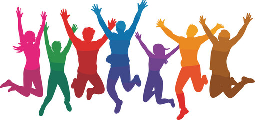 Colorful people silhouettes jumping, happy group celebration, teamwork success concept, diverse friends cheering, party energy, isolated vector.