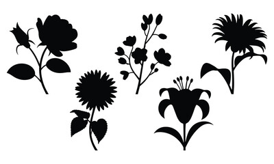 set of black silhouette flowers and plants on white background