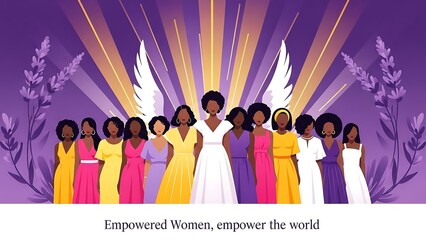 Diverse group of women with angel wings radiating light and hope together