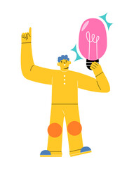 Happy man holding lightbulb. Editable concept. Colorful vector illustration