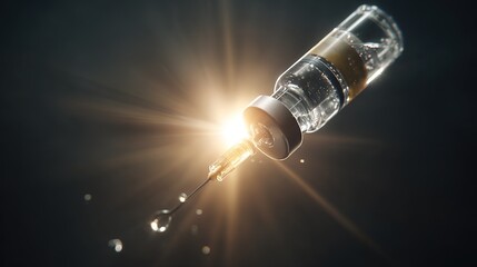 Close up of a vial with liquid and drop during daytime with rays of light visible in the background