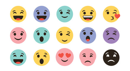 Obraz premium Grid of fifteen diverse colorful circular emoji icons representing various facial expressions and emotions for chat.