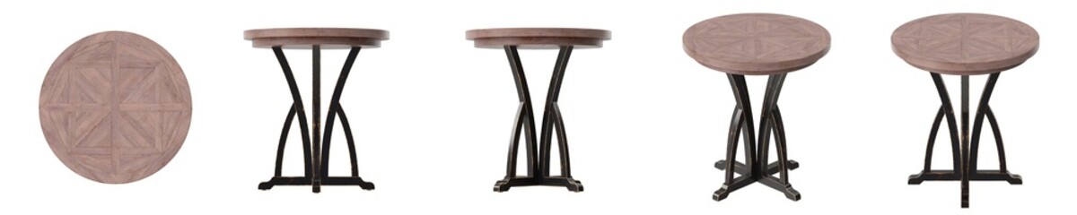 Elegant round wooden side table with a unique geometric wood inlay pattern on top