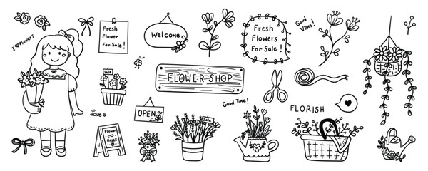Set of hand drawn flower shop element line doodle. Illustration vector design.