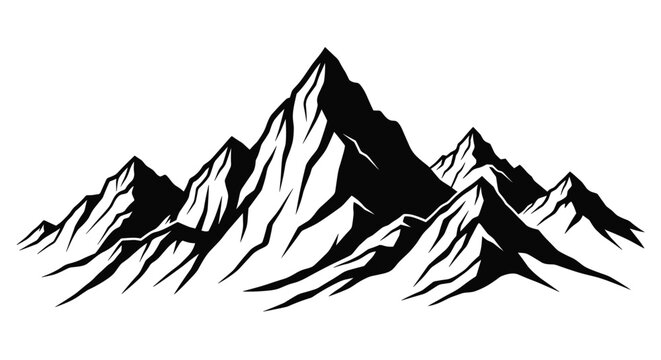 Dramatic black and white silhouette illustration of a rugged mountain range with sharp peaks and shadows for adventure.