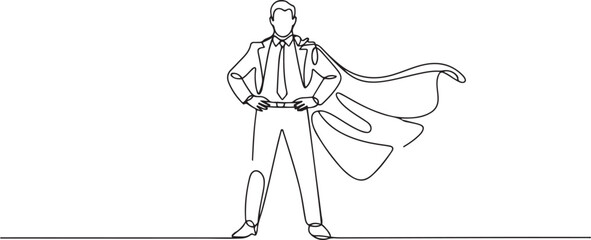 Single one line drawing businessman wearing superhero cloak. Full length of businessman dressed as superhero. Successful businessman superhero in cloak. one line Icon drawing © Mofazzelh
