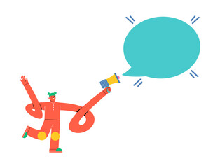 Woman holding a megaphone with speech bubbles. Colorful vector illustration