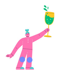 Woman celebrating party and holding glass of champagne. Colorful vector illustration