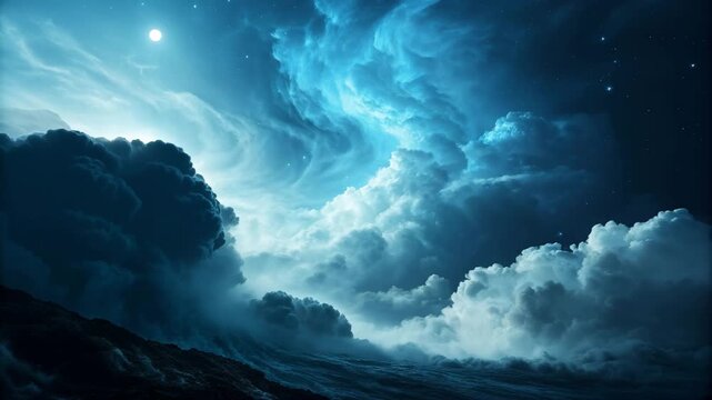 Dramatic nighttime scene featuring swirling blue clouds a bright moon and a dark silhouetted landscape below