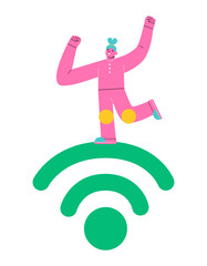 Woman standing on wifi. Concept wireless communication. Colorful vector illustration