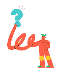 Woman holding question mark. Colorful vector illustration