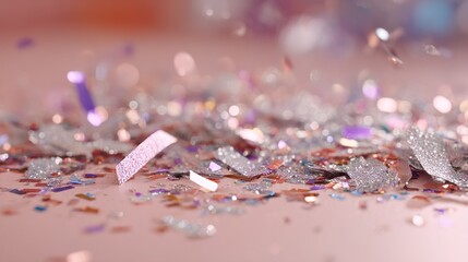 Confetti scattered on a pink surface during a celebration in a bright room