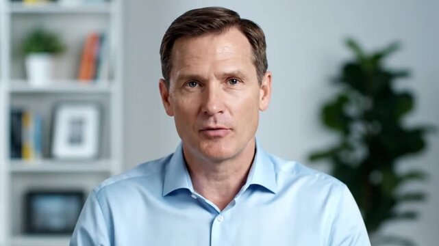 A professional man speaking directly to the camera in a modern office setting during a video interview.
