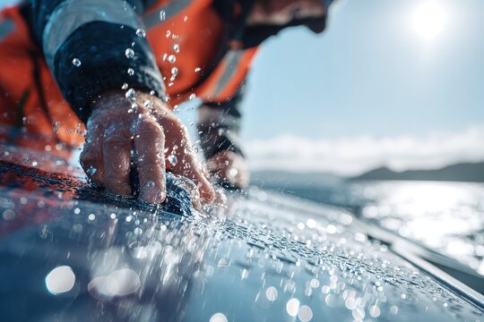 Man cleaning boat surface on a sunny day by the water while droplets splash around