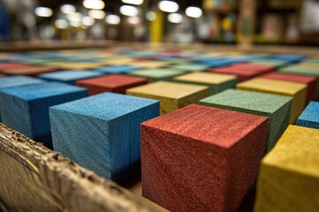 Colorful blocks are arranged in a box in a workshop for crafting and play in a busy environment