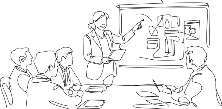 One single line drawing of young happy female CEO presenting new technology innovation to the members at the office. Startup work life. Concept. one line Icon drawing