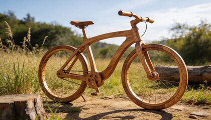 Fototapeta premium Handcrafted Wooden Bicycle Standing on Dirt Path in Sunny Nature
