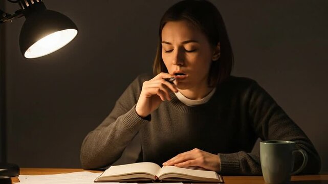 Pausing While Journaling, Lost in Deep Thought