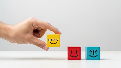 Hand Holding Happy Sign with Emotion Blocks