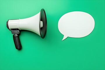 White megaphone and empty speech bubble on green background