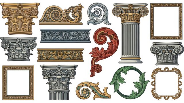 Large collection of colorful classic architectural elements decorative columns frames and acanthus scrolls